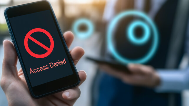 Access Denied: A hand holds a smartphone displaying an "Access Denied" message, symbolizing the frustration and limitation of blocked access to digital content or systems.