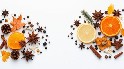Fototapeta premium Citrus fruits spices with autumn leaves on white background