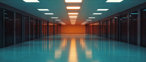 Empty server room with blinking lights and a tranquil atmosphere in a data center