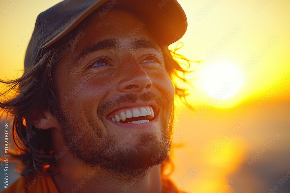 Poster a happy man wearing a hat and smiling directly at the camera