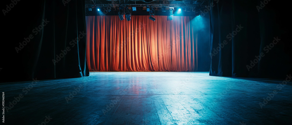 Poster empty stage awaiting performance with drawn curtains and dramatic lighting effects