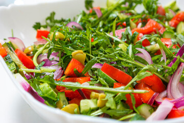 Food Concepts. Traditional Vegetable Mix Salad in Round Plate Over White Surface