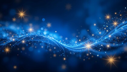 Obraz premium Sparkling Golden Stars on a Flowing Blue Background: A Magical Night-Themed Abstract Design