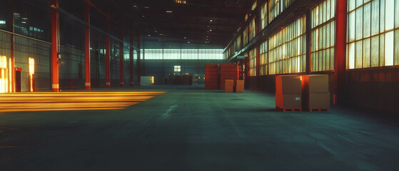 Quiet industrial storage space with stacked boxes in an empty warehouse
