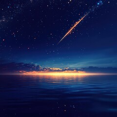 Majestic Night Sky with Shooting Star, Twilight Reflections over Calm Water