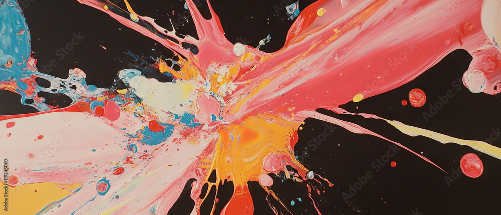 Poster colorful paint splatters create dynamic abstract energy on a black background