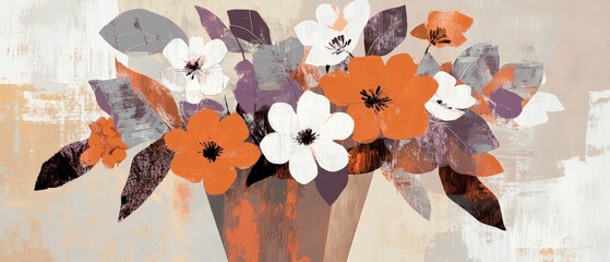 Bouquet of colorful flowers in a decorative vase, showcasing modern art style with soft hues, ideal for home decor or floral design inspiration.
