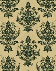 Elegant Dark Green Damask Pattern on Beige Background, Seamless Victorian Repeat Design.