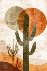 Cactus plants with abstract shapes in earthy tones against a textured background, featuring desert landscapes and minimalist design for home decor.