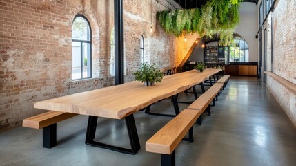 Obraz premium Modern wooden table in stylish industrial restaurant interior design