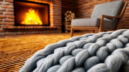Cozy Interior with Fire, Blanket, and Comfortable Chair Scene