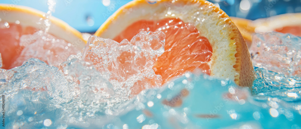 Poster Refreshing grapefruit juice with ice creating a vibrant summer drink experience