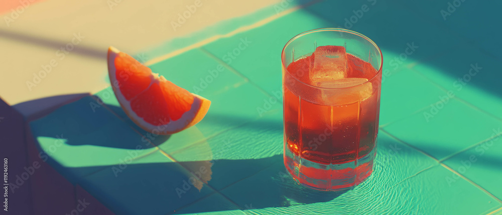 Poster Refreshing grapefruit juice with ice served on a colorful table