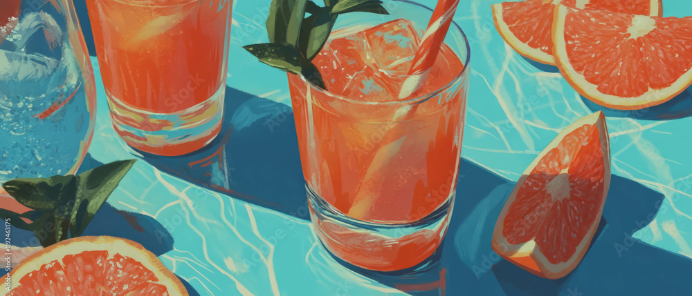 Poster refreshing grapefruit juice served chilled with ice on a vibrant summer day