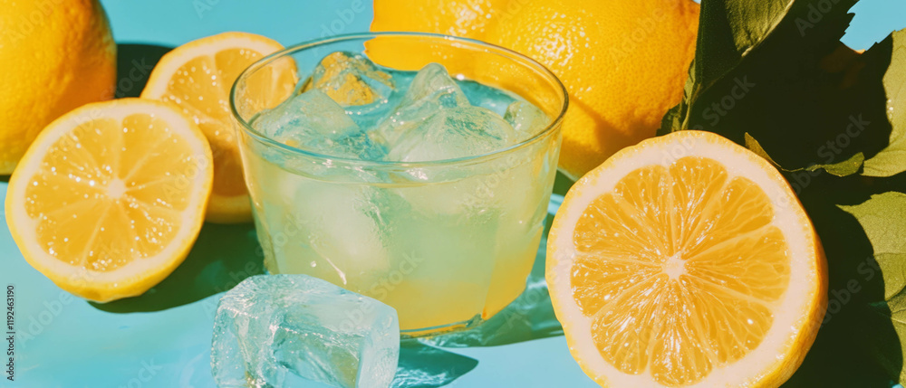Poster refreshing freshly squeezed lemonade with ice cubes and vibrant lemons