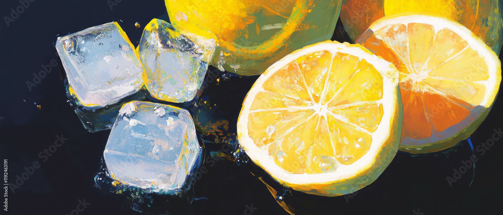 Poster refreshing lemonade with ice cubes and fresh lemons for a summer drink