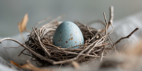 Obraz premium A speckled bird egg rests in a woven nest