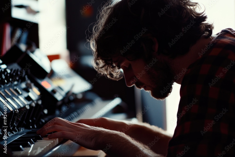 Poster Man plays keyboard in recording studio setup with equipment and music sheets