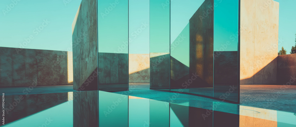 Poster Geometric reflections in modern architecture showcasing sharp angles and mirrors