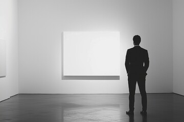 Obraz premium Art gallery setting with a man pondering over an empty canvas.