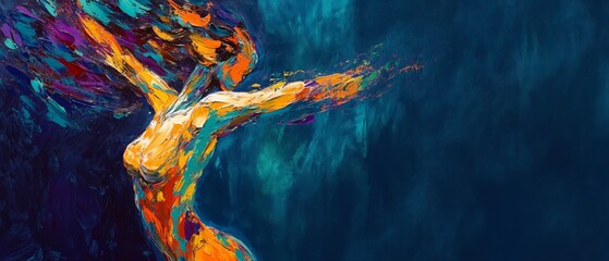 Colorful abstract painting of a dynamic figure representing freedom and expression, perfect for art enthusiasts, wellness themes, and creative projects.