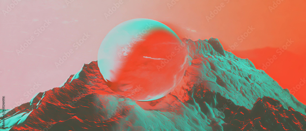Poster mysterious retro landscape featuring a grainy texture with a vibrant orb