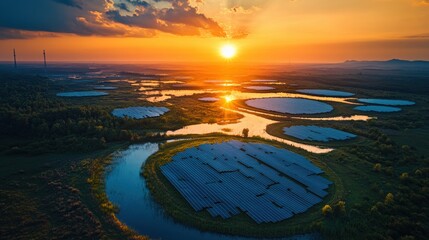 Breathtaking Aerial View of Sun Setting Over Solar Panel Fields Surrounded by Lush Greenery and Calm Water Bodies Reflecting the Vibrant Sky in a Scenic Landscape