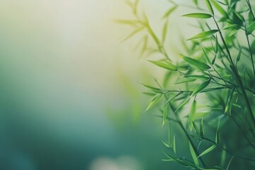 Fototapeta premium Serene Bamboo Forest Lush Green Leaves and Soft Sunlight on a Blurred Gradient Background.
