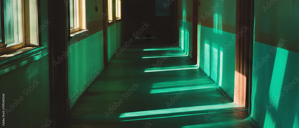 Aufkleber calming ambiance with green light and soft shadows in a tranquil corridor