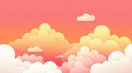 Fototapeta premium Dreamy Pink and Orange Sunset Sky with Fluffy Clouds and a Flying Bird, Vector Illustration.