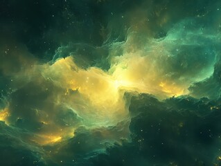 Obraz premium Ethereal Nebula Abstract with Gold and Green Hues, Cosmic Cloudscape Texture