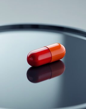Single red pill is lying on a reflective dark surface