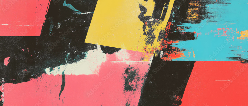 Poster grunge textures and geometric shapes create a vibrant punk design with bold colors and contrasts