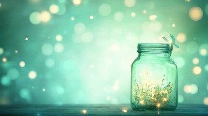 Enchanted Light Glowing Fairy Lights in a Jar with a Whimsical Dragonfly on a Bokeh Background.