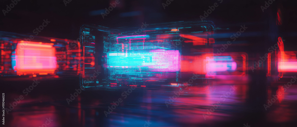 Poster holographic displays illuminate a futuristic environment with vibrant glowing interfaces