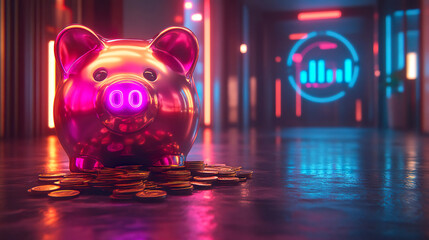 Metallic piggy bank with neon lighting, surrounded by coins and graphs in a futuristic setting. Generated with AI.