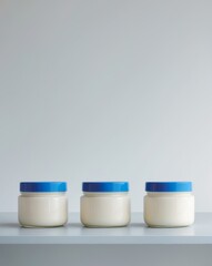 three jars of cream sitting on a table with a blue lid