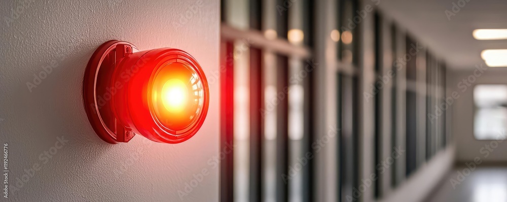 Poster fire alarm idea. close-up of a red warning light in a modern corridor, signaling alert and caution.
