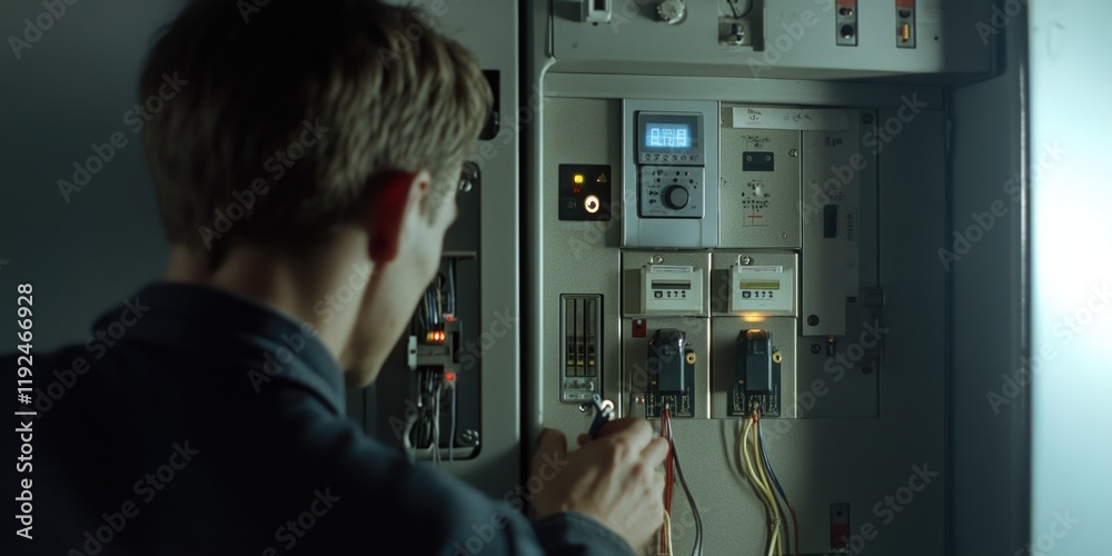 Aufkleber A person studying a control panel with various instruments and displays