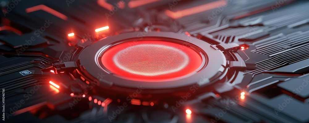 Poster fire alarm idea. close-up of a futuristic circuit board with glowing red elements and intricate desi