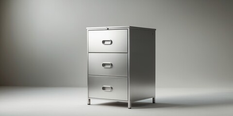 A silver metal storage unit with four drawers