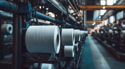 "Automated Textile Factory: Spinning Yarn Mills with White Thread"