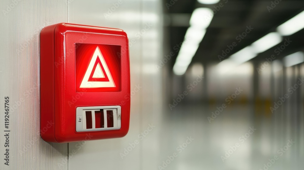 Poster fire alarm idea. a close-up shot of a red emergency alarm button in a modern building corridor.
