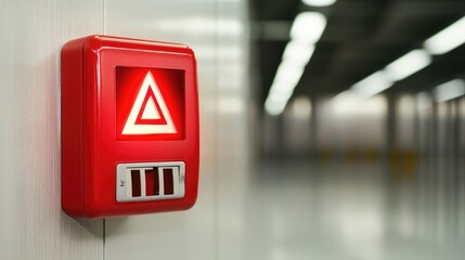 Fire alarm idea. A close-up shot of a red emergency alarm button in a modern building corridor.