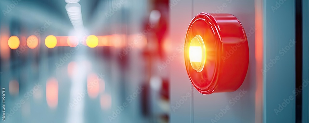 Aufkleber Fire alarm idea. Close-up of a red alert button in a high-tech server room for safety monitoring.