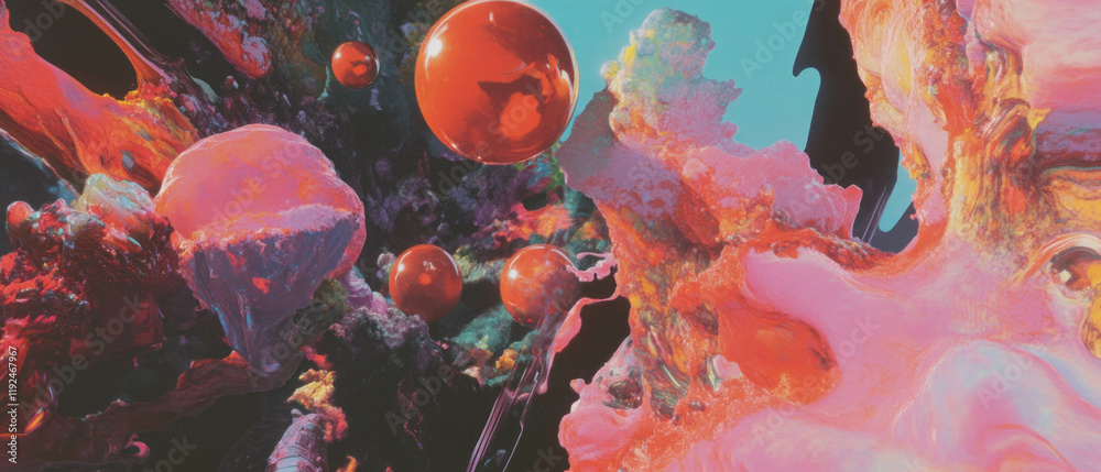 Poster vibrant abstract landscape bursting with color and texture in a futuristic setting