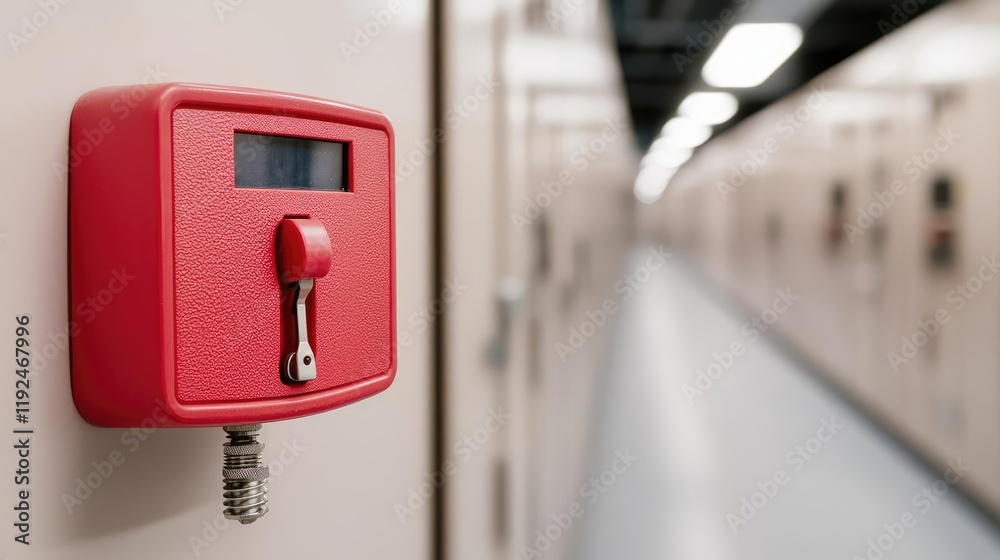 Poster fire alarm idea. close-up of a red locking mechanism in a modern storage facility hallway.