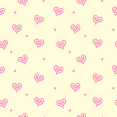 Seamless pattern featuring pink hearts on a light yellow background, perfect for romantic and cute designs, Valentine's Day themes, and girly decorations