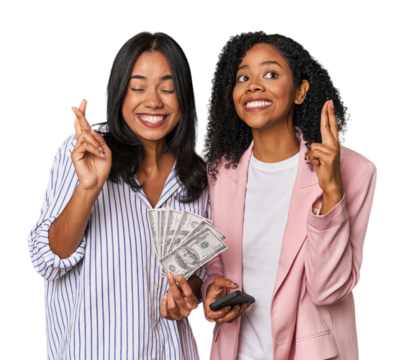 Latin businesswomen with money, phone crossing fingers for having luck