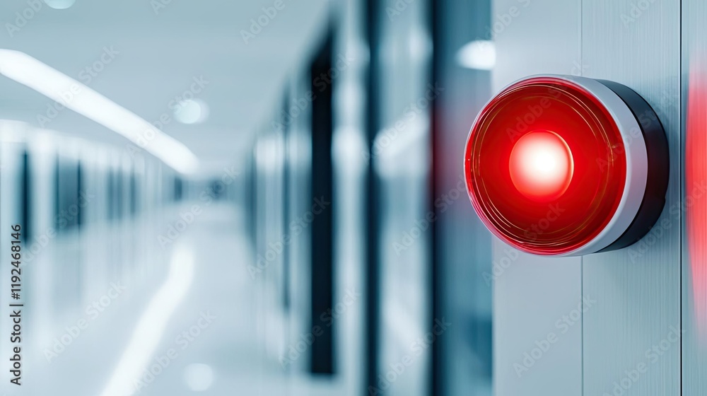 Poster fire alarm idea. close-up of a red warning light in a modern hallway, signaling caution and alertnes